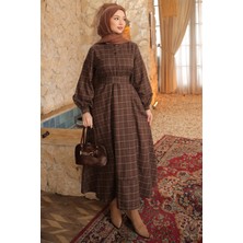 İmaj Butik Kahverengi Kuşaklı Önü Düğmeli Uzun Ekose Elbise