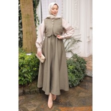 İmaj Butik Haki Bel Lastikli Yelek Kombinli Elbise Takım