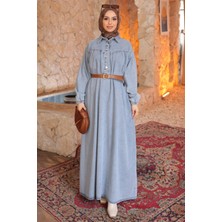 İmaj Butik Mavi Kol Lastikli Kemerli Kot Elbise