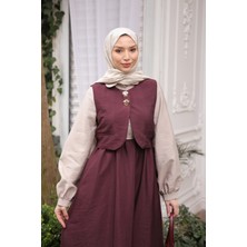 İmaj Butik Bordo Bel Lastikli Yelek Kombinli Elbise Takım
