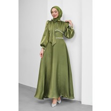 İmaj Butik Koyu Yağ Yeşili Yakası Fiyonklu Beli Taş Detaylı Balon Kol Abiye