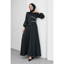 İmaj Butik Siyah Yakası Fiyonklu Beli Taş Detaylı Balon Kol Abiye