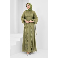 İmaj Butik Yağ Yeşili Önü Drapeli Kol Bağlamalı Abiye