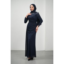 İmaj Butik Lacivert Önü Drapeli Taşlı Abiye