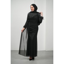 İmaj Butik Siyah Önü Drapeli Taşlı Abiye