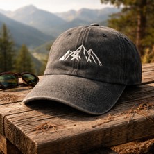 Vintage Yıkamalı Antresit Gri Dağ Desenli Nakışlı  Ayarlanabilir Unisex Şapka