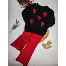 Moda Rüyası Çilekli Siyah Sweatshirt Kırmızı Tayt Alt Üst Kız Çocuk Takımı