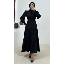 Tesettür Diyarı Bel Kısmı Gipeli Keten Tesettür Elbise- Siyah