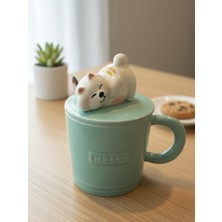 Bam Sevimli Kedicik Figürlü Kaşıklı Kapaklı Seramik Kupa 350 ml