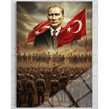 Baskı Perisi Atatürk Büyük Portre Türk Bayrağı ve Askerler Epik Renkli Dikey Kırılmaz Cam Tablo 154