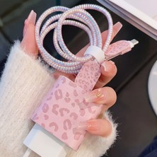 Fibaks iPhone 18W/20W/25W Pembe Leopar Şarj Aleti Koruyucu Şarj Kablosu Örme Aparatlı Koruyucu Toparlayıcı