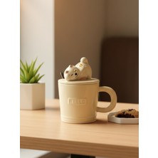 Bam Sevimli Kedicik Figürlü Kaşıklı Kapaklı Seramik Kupa 350 ML