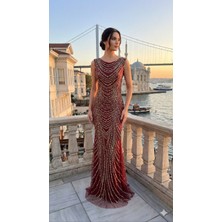 Uzer Kristal Taş ve Payet Baskılı Vücudu Saran Kuruklu Özel Seri Gece Elbisesi,abiye Elbise