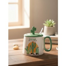 Bam Sevimli Kaktüs Kaşıklı Kapaklı Seramik Kupa 300 ML