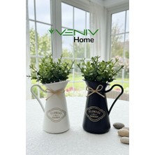 Veniv 2 Adet Italyan Dekoratif Beyaz & Siyah Bitkili Saksı Set- Yapay Bitkiler Dahil- 18 cm