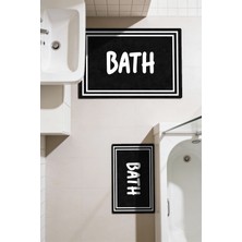 Kilim Home Punto Beyaz Çizgili Bath Yazılı Dijital Baskı Yıkanan Kaymaz Ikili Banyo Paspas Takımı, 40X60 60X100