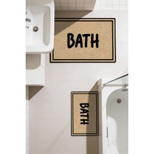 Kilim Home Punto Jüt Görünümlü Siyah Çizgili Bath Yazılı Dijital Baskılı Ikili Banyo Paspas Takımı 40X60 60X100