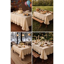 Perde Plus Fırfırlı Dikdörtgen Masa Örtüsü – Pamuk Keten Doğal Kumaş, Günlük & Davet Masası