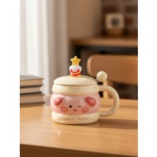 Bam Sevimli Figür Kaşıklı Kapaklı Seramik Kupa Bardak 350 ml