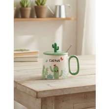 Bam Sevimli Kaktüs Kaşıklı Kapaklı Seramik Kupa 300 ML