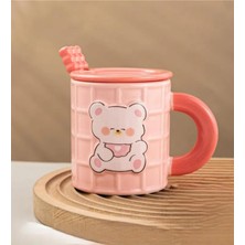 Bam Sevimli Ayıcık Figürlü Kaşıklı Kapaklı Seramik Kupa