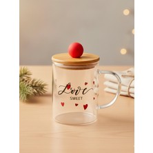 Tohana Bambu Kapaklı Kırmızı Kalpli Cam Kupa