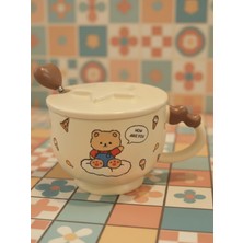 Bam Sevimli Tavşan ve Ayı Figürlü Kapaklı Kaşıklı Sermaik Kupa 350 ml