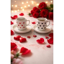 Miras Home Siyah ve Kırmızı Kalpli 2 Kişilik Porselen Kahve Seti (Çiftler Için Sevgililer Gününe Özel Hediye)