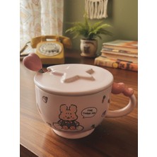 Bam Sevimli Tavşan ve Ayı Figürlü Kapaklı Kaşıklı Sermaik Kupa 350 ml