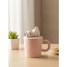 Bam Sevimli Kedicik Figürlü Kaşıklı Kapaklı Seramik Kupa 350 ml