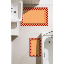 Kilim Home Punto Jüt Görünümlü Kırmızı Dama Desen Dijital Baskılı Kaymaz Ikili Banyo Paspas Takımı 40X60 60X100