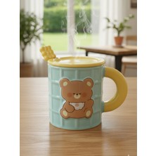 Bam Sevimli Ayıcık Figürlü Kaşıklı Kapaklı Seramik Kupa