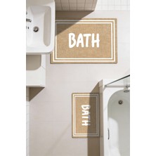 Kilim Home Punto Jüt Görünümlü Beyaz Çizgili Bath Yazılı Dijital Baskılı Ikili Banyo Paspas Takımı 40X60 60X100