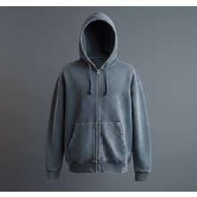Lwl Antrasit Vintage Yıkama Efektli Oversize Fermuarlı Kapüşonlu Sweatshirt (Zip-Up Hoodie)