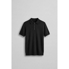 Erkek Yarım Fermuarlı Polo Yaka Triko T-Shirt Siyah