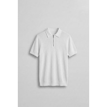 Erkek Yarım Fermuarlı Polo Yaka Triko T-Shirt Beyaz