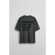 Abluka Online Erkek Slogan Işlemeli Yıkamalı Oversize T-Shirt Yeşil
