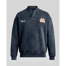 Lwl Texas Nakışlı ve Armalı Vintage Yıkamalı Yarım Düğmeli Oversize Sweatshirt