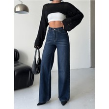 Moda Paketi Yüksek Bel Geniş Paça Koyu Mavi Denim JEAN-0164