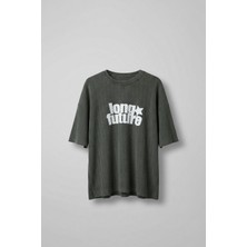 Abluka Online Erkek Yıkamalı Ribana Kumaş Oversize T-Shirt Haki Yeşil