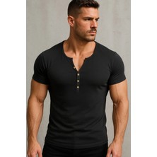 Bybülent Özel Üretim Slim Fit Henley Yaka Düğmeli Açık Geniş Yaka Tişört T-Shirt