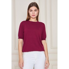 Irmak Kerekli Kadın Ense Düğmeli Kısa Kol Triko Bluz 1415 Bordo
