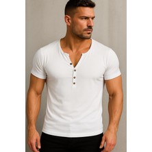 Bybülent Özel Üretim Slim Fit Henley Yaka Düğmeli Açık Geniş Yaka Tişört T-Shirt