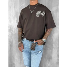 Abluka Online Erkek Yelken Desenli Nakışlı Oversize T-Shirt Kahve