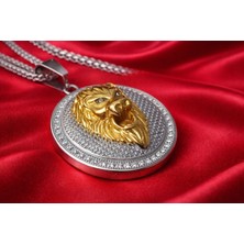 Kalın Box Zincirli  Hip Hop Aslan Figürlü Zirkon Taşlı Paslanmaz Çelik Erkek Aslan Kolye