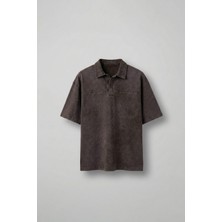 Abluka Online Erkek Polo Yaka Oversize Yıkamalı T-Shirt Kahve