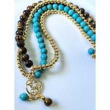 Thinblack Kolye -Yay Burcu Turkuaz ve Kaplan Gözü Doğal taşlı-Altın Kaplamalı Dorika Boncuklu -Şans kolyesi