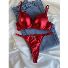 Gold Night Kadın Deri Taşlı Fiyonklu Balenli Destekli Dolgulu Push Up Sütyen Takımı Iç Çamaşırı Takımı