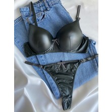 Gold Night Kadın Deri Taşlı Fiyonklu Balenli Destekli Dolgulu Push Up Sütyen Takımı Iç Çamaşırı Takımı