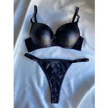 Gold Night Kadın Deri Taşlı Fiyonklu Balenli Destekli Dolgulu Push Up Sütyen Takımı Iç Çamaşırı Takımı